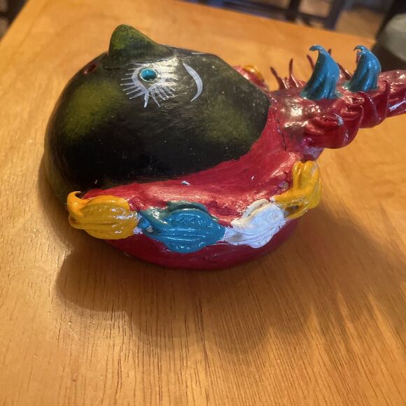 Vintage Hand Painted Mexican Folk Art Coconut Shell Mask Lady Spiky Hair - Picture 4 of 9